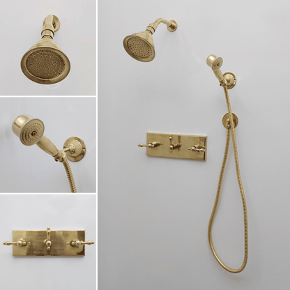 Unlacquered Brass Shower System with Adjustable Round Rain Shower Head, Central Brass Plaque and Lever Handles - Ref: SSPH-AUBL