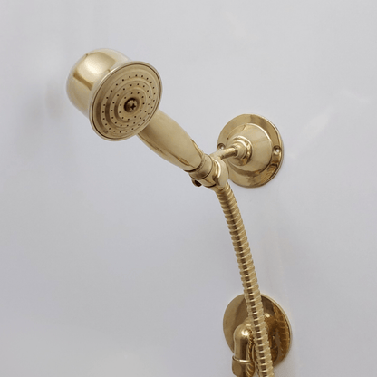 Unlacquered Brass Shower System with Adjustable Round Rain Shower Head, Central Brass Plaque and Lever Handles - Ref: SSPH-AUBL