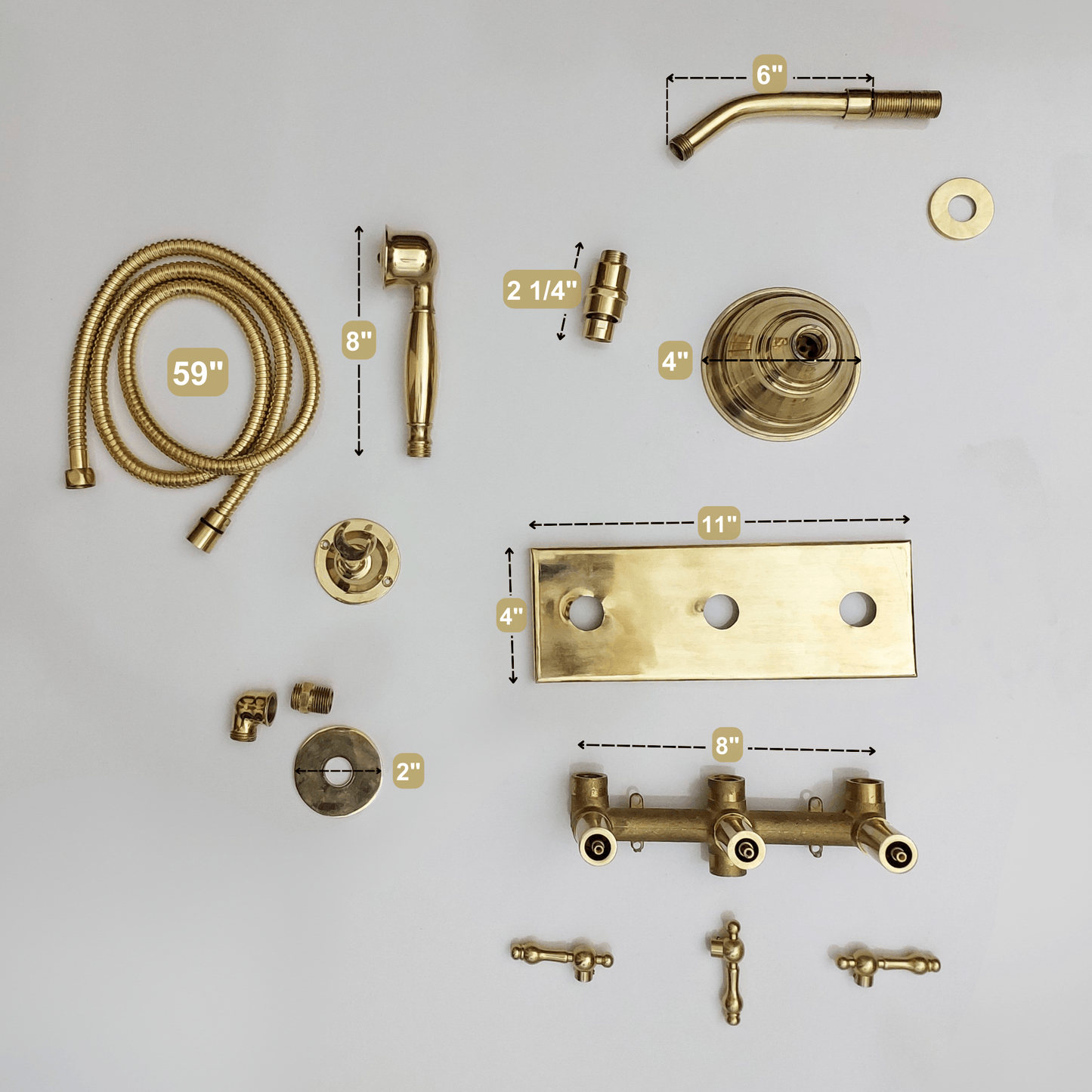 Unlacquered Brass Shower System with Adjustable Round Rain Shower Head, Central Brass Plaque and Lever Handles - Ref: SSPH-AUBL