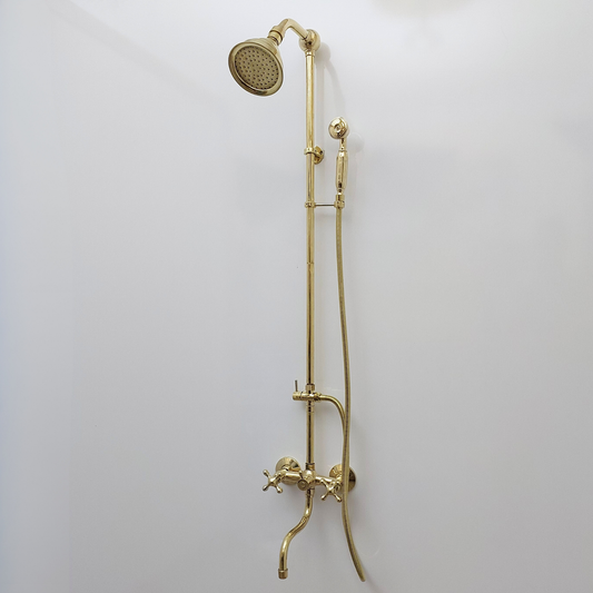 Unlacquered Brass Shower System with Adjustable Round Shower Head, Handheld Shower Head, Tub Filler, and Cross Handles - Ref: SSAH8TFC