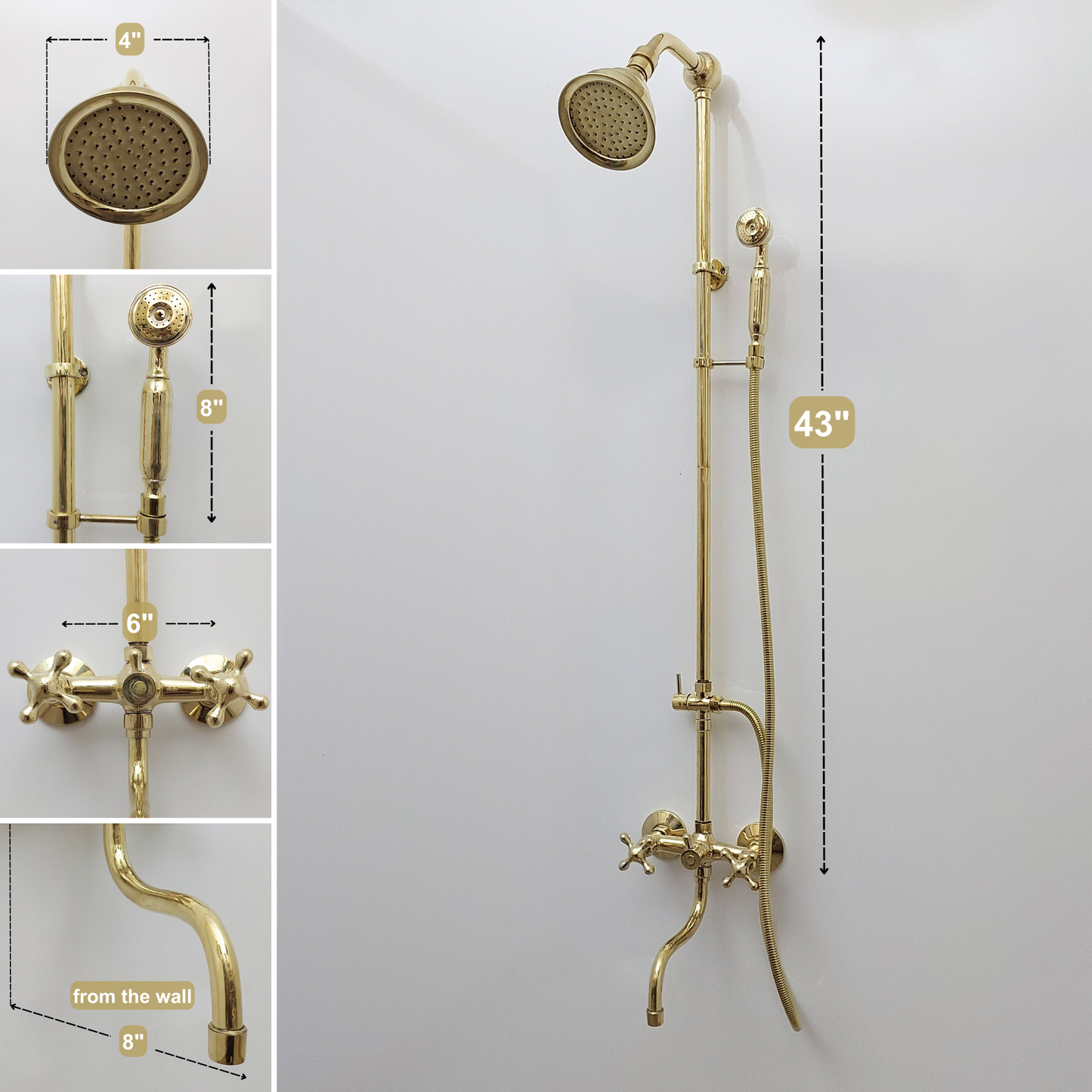 Unlacquered Brass Shower System with Adjustable Round Shower Head, Handheld Shower Head, Tub Filler, and Cross Handles - Ref: SSAH8TFC