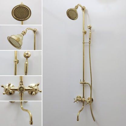 Unlacquered Brass Shower System with Adjustable Round Shower Head, Handheld Shower Head, Tub Filler, and Cross Handles - Ref: SSAH8TFC