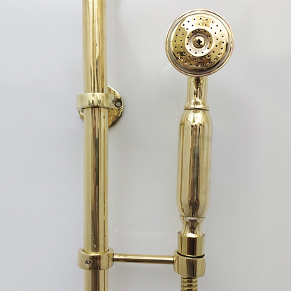 Unlacquered Brass Shower System with Adjustable Round Shower Head, Handheld Shower Head, Tub Filler, and Cross Handles - Ref: SSAH8TFC