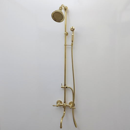 Unlacquered Brass Shower System with Adjustable Round Shower Head, Handheld Shower Head, Tub Filler, and Lever Handles - Ref: SSAH8TFL