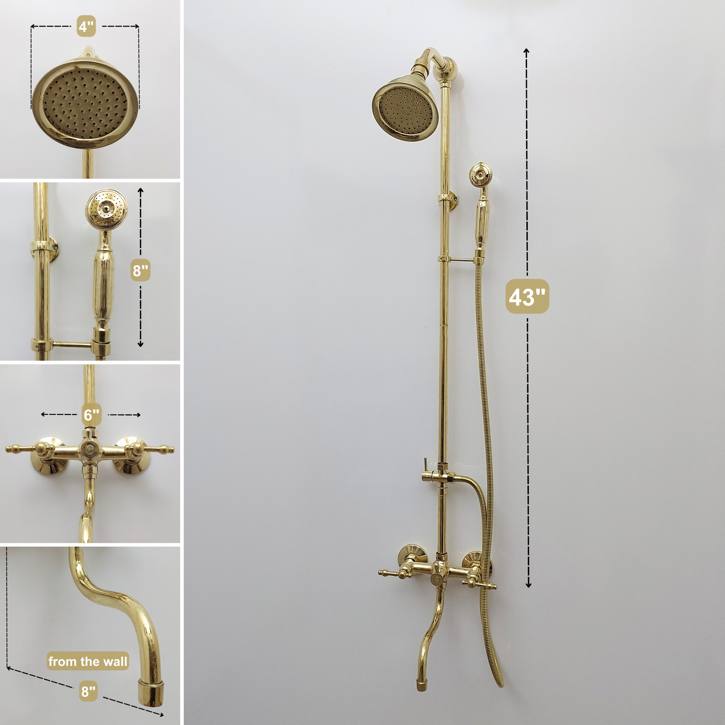 Unlacquered Brass Shower System with Adjustable Round Shower Head, Handheld Shower Head, Tub Filler, and Lever Handles - Ref: SSAH8TFL