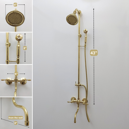 Unlacquered Brass Shower System with Adjustable Round Shower Head, Handheld Shower Head, Tub Filler, and Lever Handles - Ref: SSAH8TFL