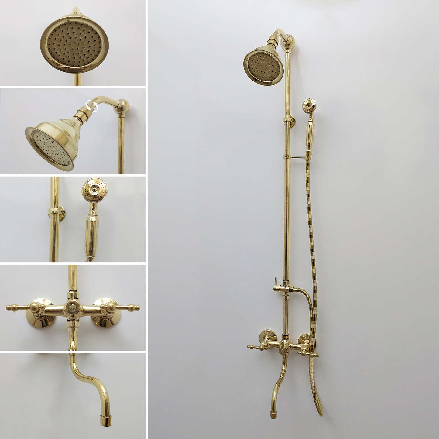 Unlacquered Brass Shower System with Adjustable Round Shower Head, Handheld Shower Head, Tub Filler, and Lever Handles - Ref: SSAH8TFL