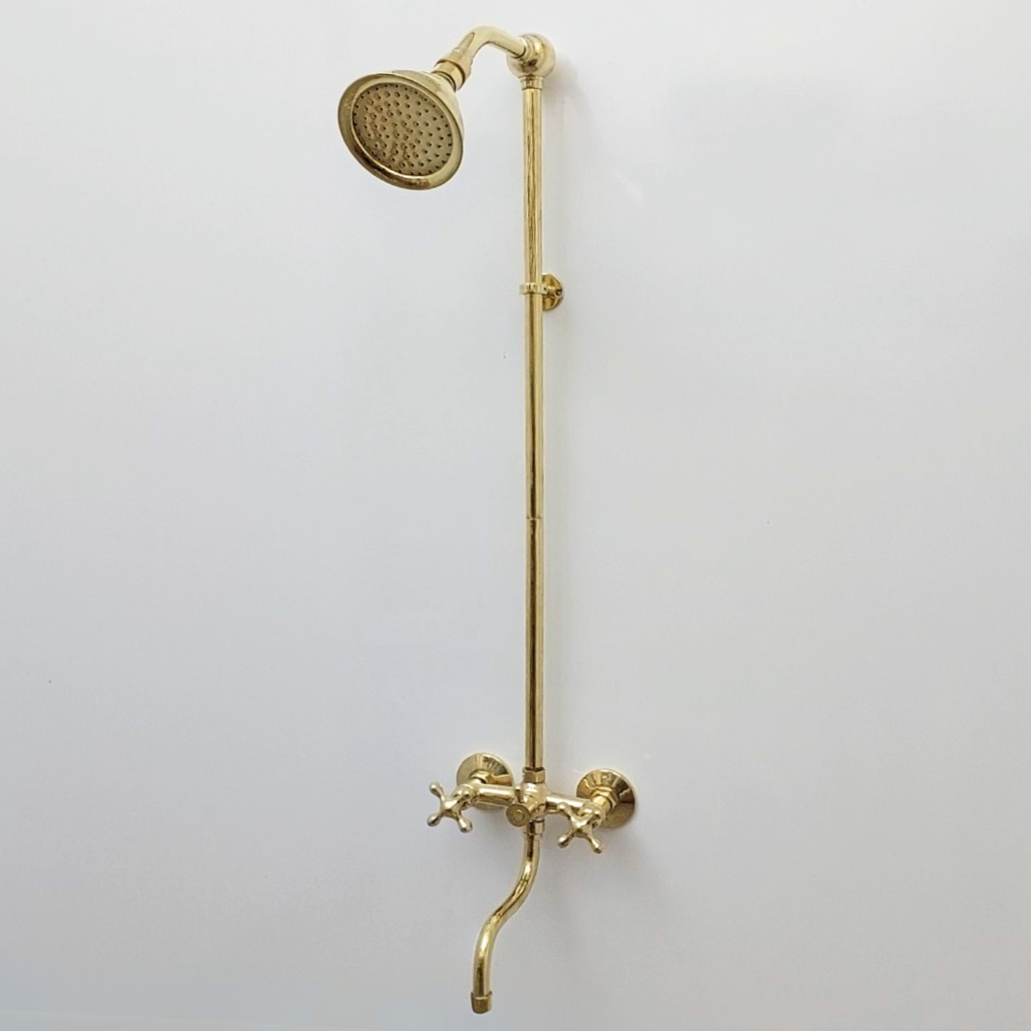 Unlacquered Brass Shower System with Adjustable Round Shower Head, Tub Filler, and Cross Handles - Ref: SSA8TFC