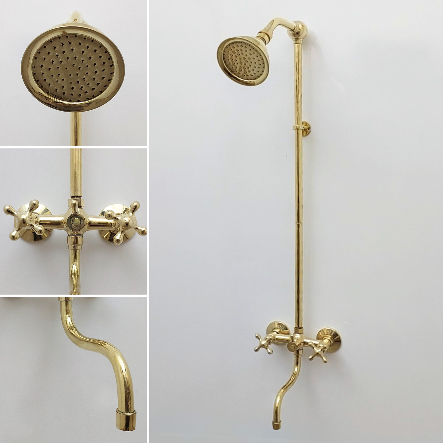 Unlacquered Brass Shower System with Adjustable Round Shower Head, Tub Filler, and Cross Handles - Ref: SSA8TFC