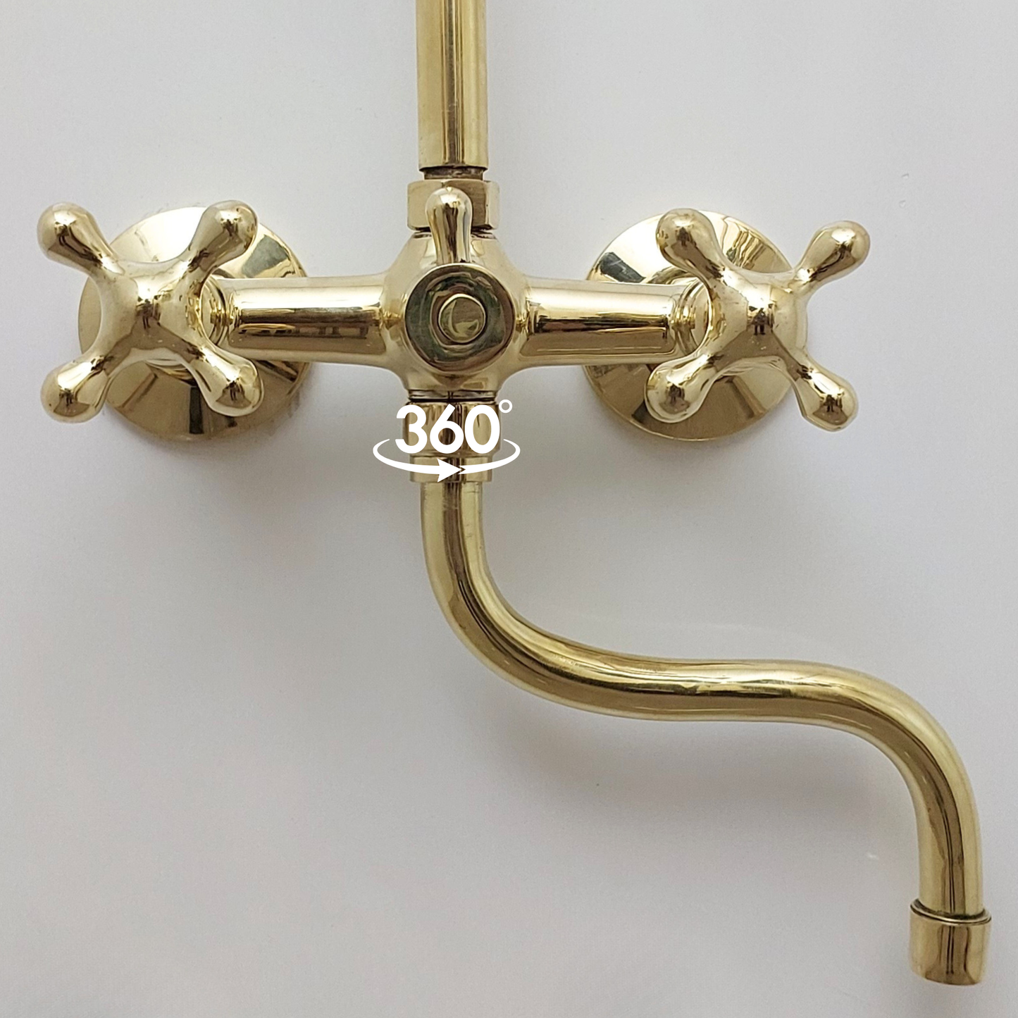 Unlacquered Brass Shower System with Adjustable Round Shower Head, Tub Filler, and Cross Handles - Ref: SSA8TFC