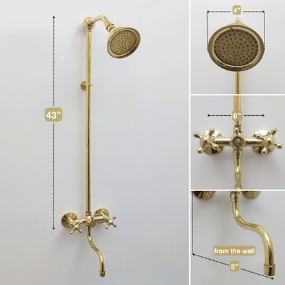 Unlacquered Brass Shower System with Adjustable Round Shower Head, Tub Filler, and Cross Handles - Ref: SSA8TFC