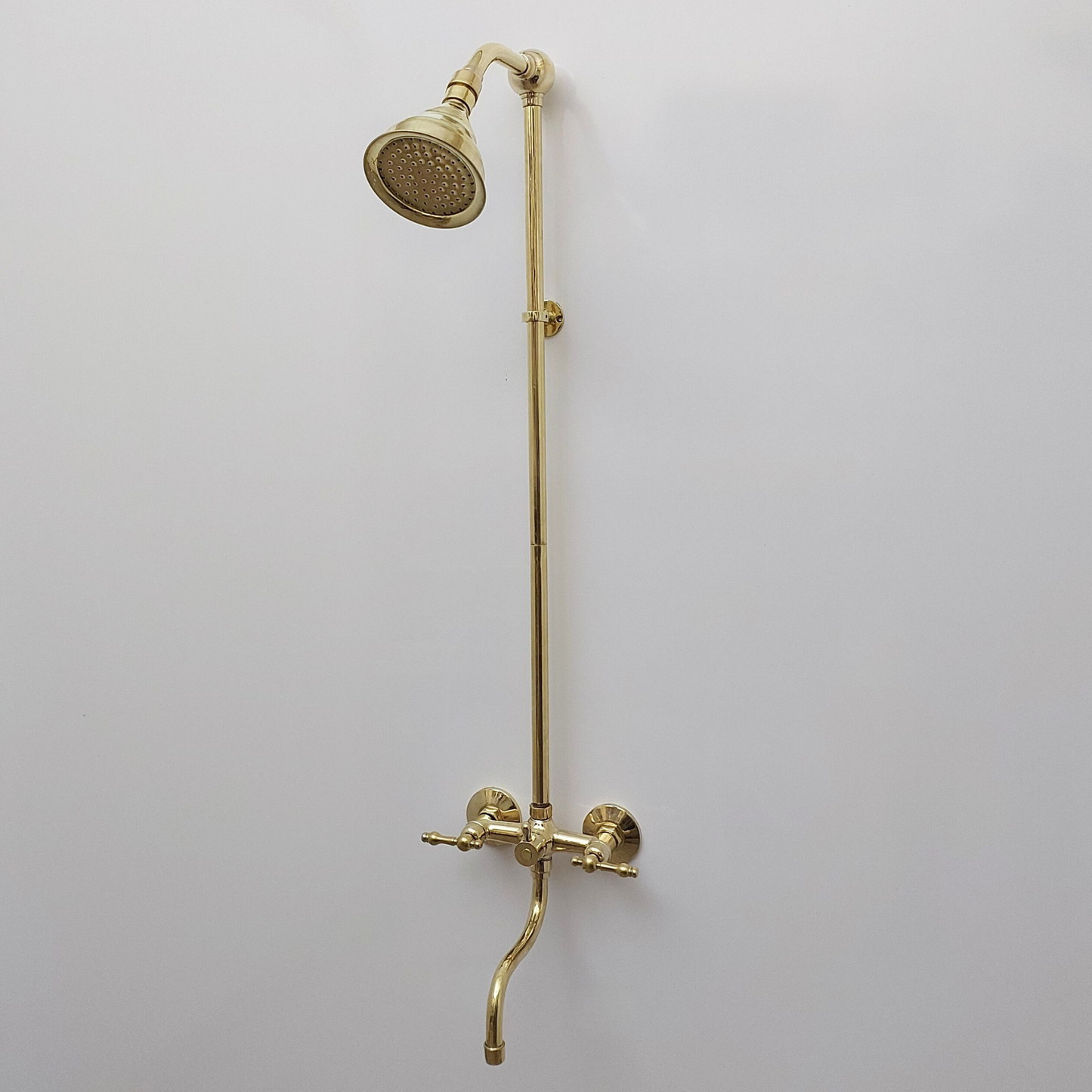 Unlacquered Brass Shower System with Adjustable Round Shower Head, Tub Filler, and Lever Handles - Ref: SSA8TFL