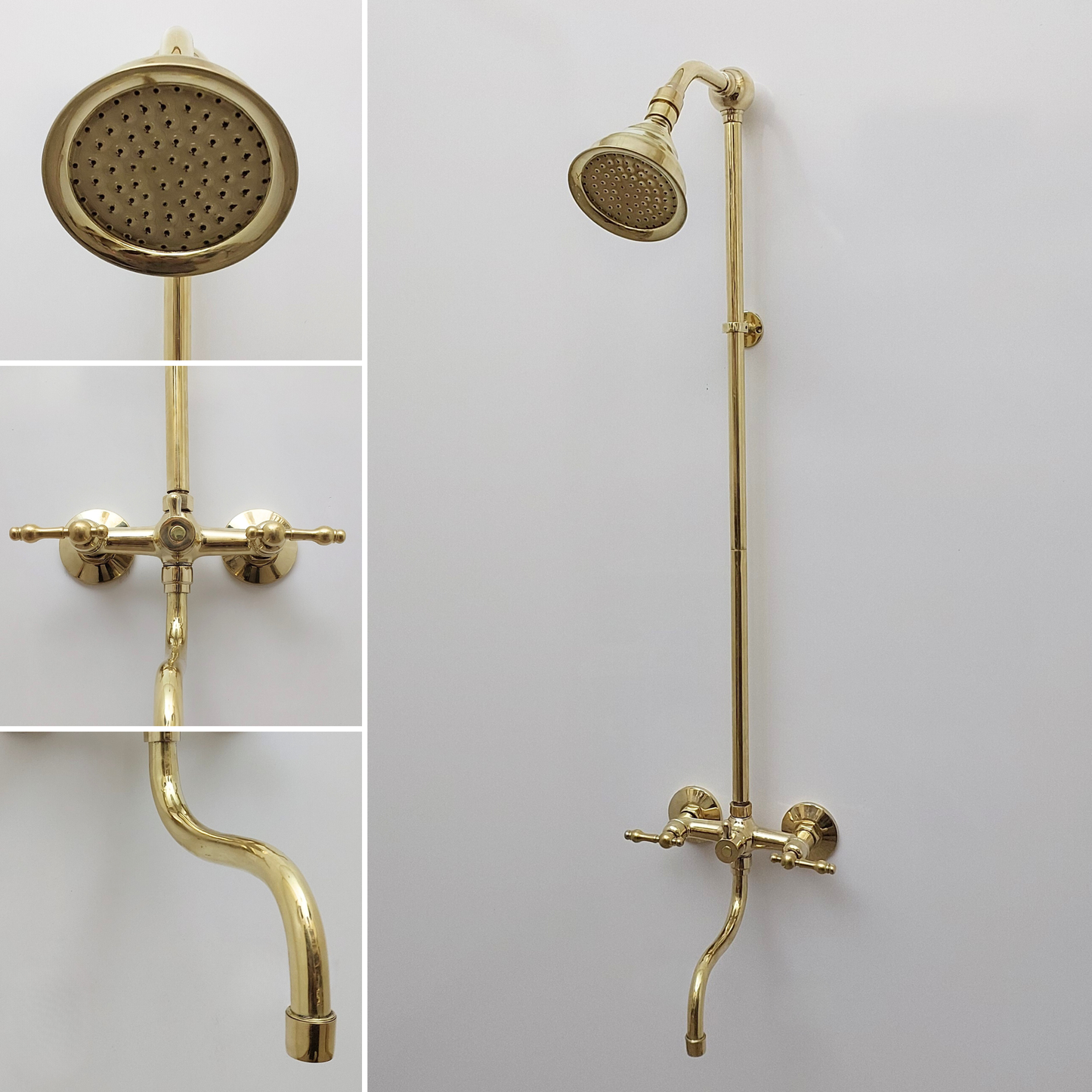 Unlacquered Brass Shower System with Adjustable Round Shower Head, Tub Filler, and Lever Handles - Ref: SSA8TFL