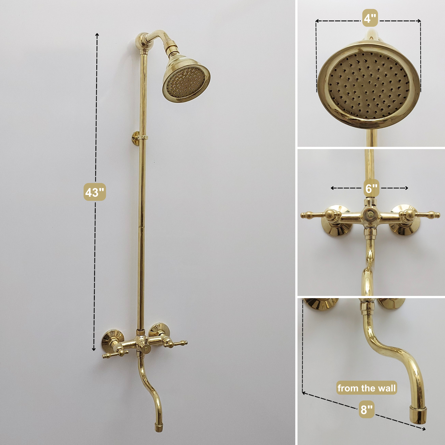 Unlacquered Brass Shower System with Adjustable Round Shower Head, Tub Filler, and Lever Handles - Ref: SSA8TFL