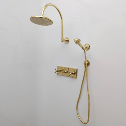 Unlacquered Brass Shower System with Central Brass Plaque and Cross Handles, Bridge Arm Flat Round Rain Shower Head - Ref: SSPH-FUBC