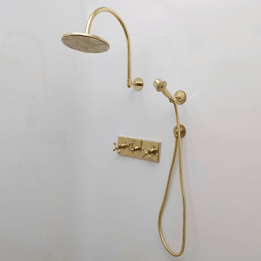 Unlacquered Brass Shower System with Central Brass Plaque and Cross Handles, Bridge Arm Flat Round Rain Shower Head - Ref: SSPH-FUBC