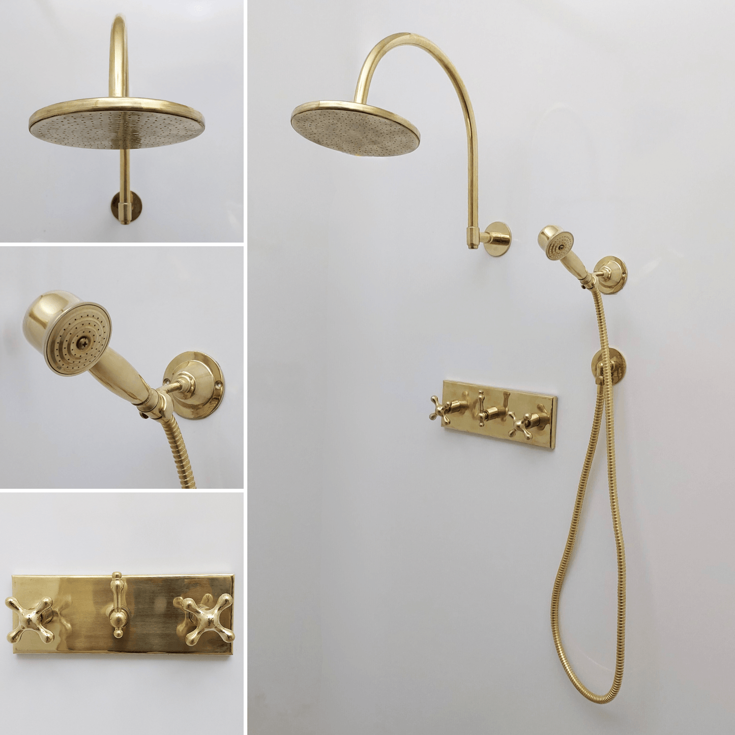 Unlacquered Brass Shower System with Central Brass Plaque and Cross Handles, Bridge Arm Flat Round Rain Shower Head - Ref: SSPH-FUBC