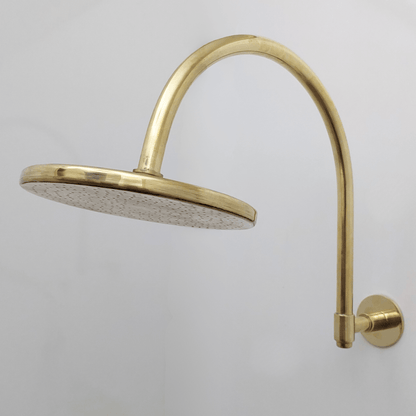 Unlacquered Brass Shower System with Central Brass Plaque and Cross Handles, Bridge Arm Flat Round Rain Shower Head - Ref: SSPH-FUBC