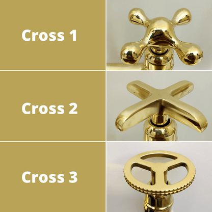 Unlacquered Brass Shower System with Central Brass Plaque and Cross Handles, Bridge Arm Flat Round Rain Shower Head - Ref: SSPH-FUBC