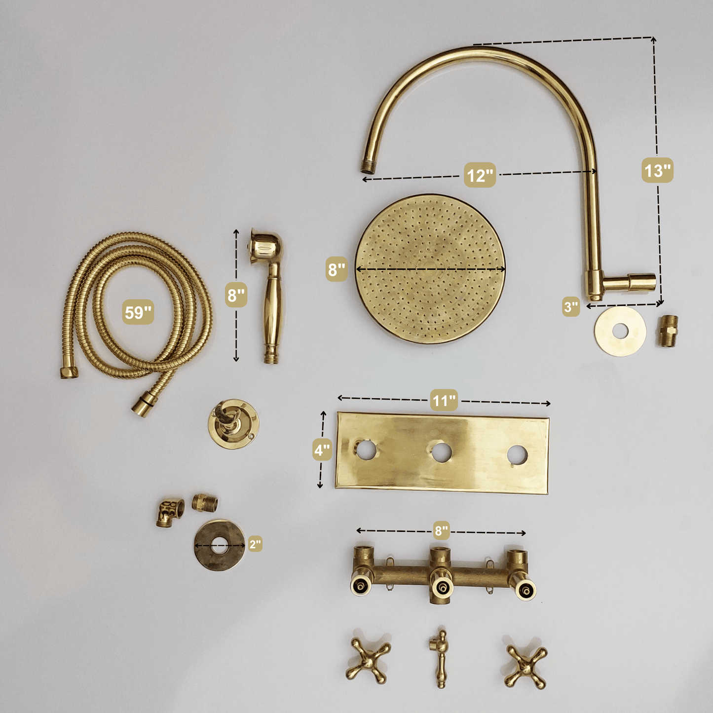 Unlacquered Brass Shower System with Central Brass Plaque and Cross Handles, Bridge Arm Flat Round Rain Shower Head - Ref: SSPH-FUBC