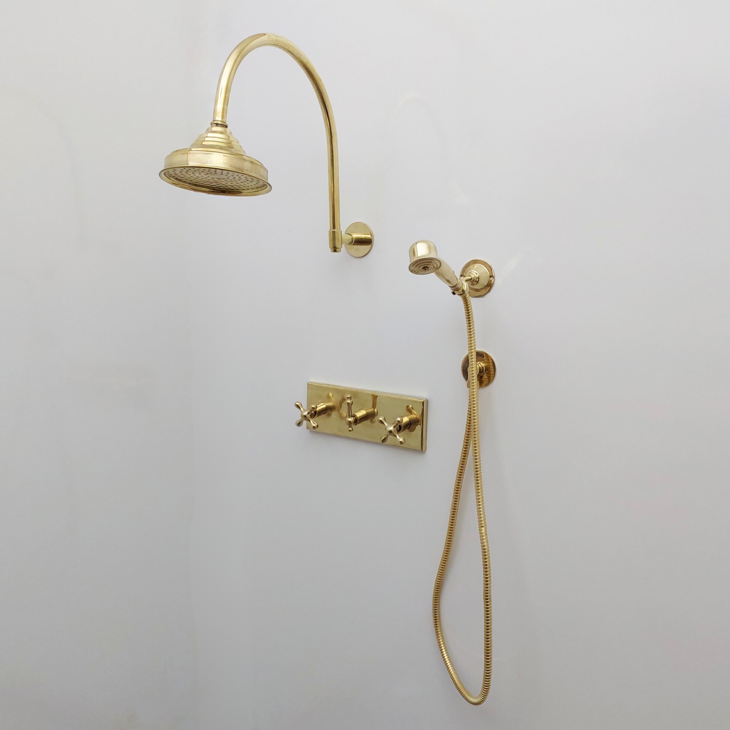 Unlacquered Brass Shower System with Central Brass Plaque and Cross Handles, Bridge Arm Round Rain Shower Head - Ref: SSPH-UBC