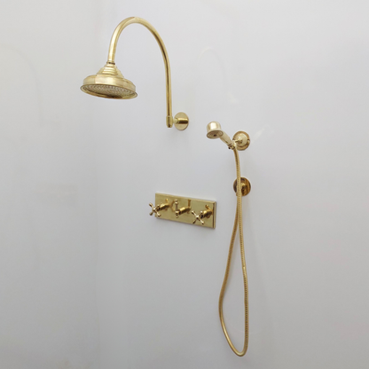 Unlacquered Brass Shower System with Central Brass Plaque and Cross Handles, Bridge Arm Round Rain Shower Head - Ref: SSPH-UBC