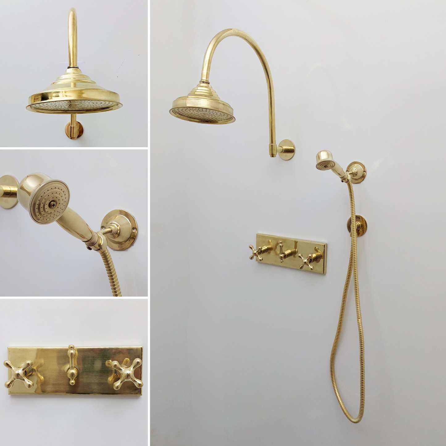 Unlacquered Brass Shower System with Central Brass Plaque and Cross Handles, Bridge Arm Round Rain Shower Head - Ref: SSPH-UBC