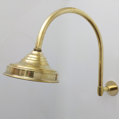 Unlacquered Brass Shower System with Central Brass Plaque and Cross Handles, Bridge Arm Round Rain Shower Head - Ref: SSPH-UBC