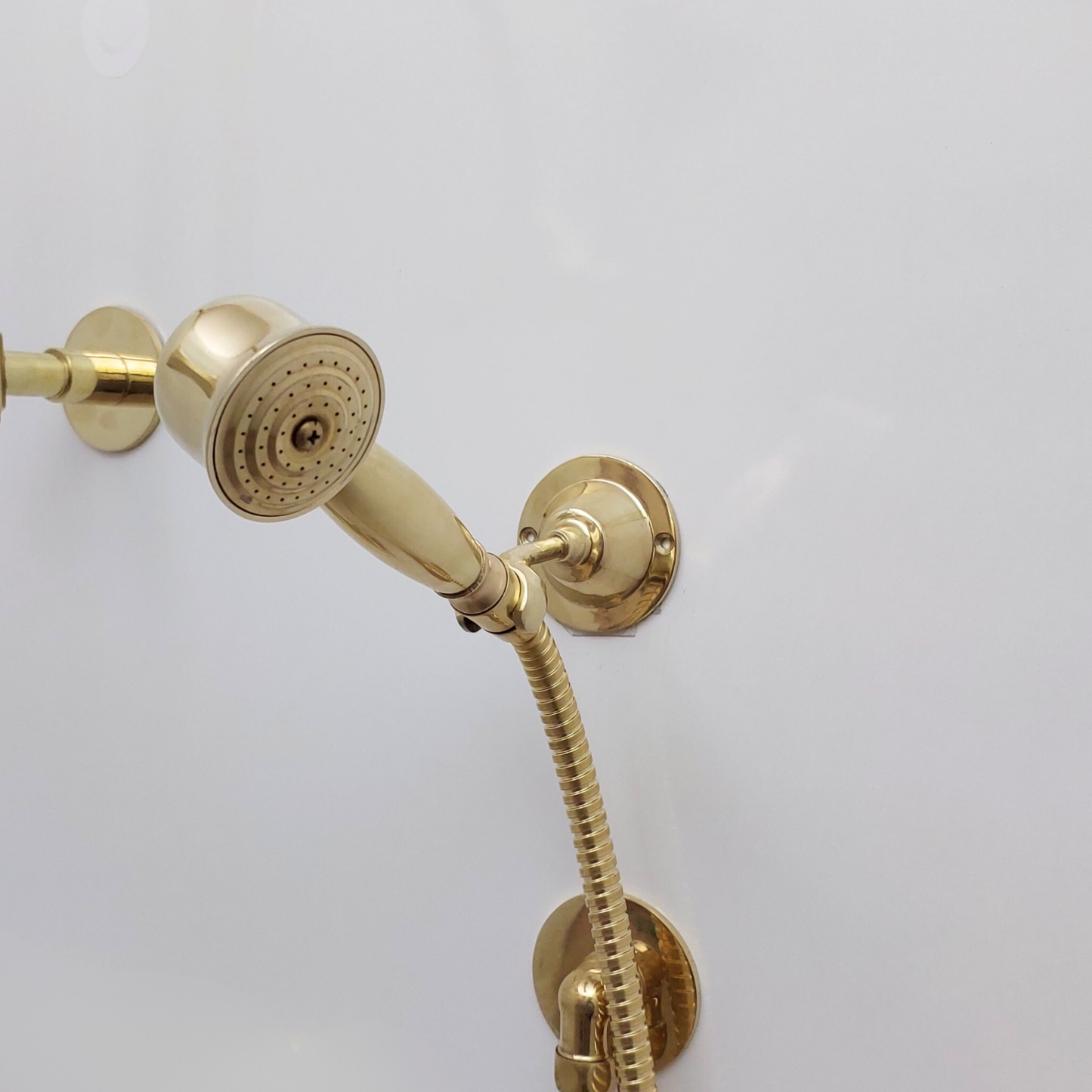 Unlacquered Brass Shower System with Central Brass Plaque and Cross Handles, Bridge Arm Round Rain Shower Head - Ref: SSPH-UBC