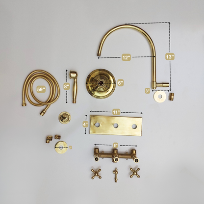 Unlacquered Brass Shower System with Central Brass Plaque and Cross Handles, Bridge Arm Round Rain Shower Head - Ref: SSPH-UBC