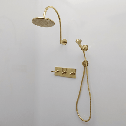 Unlacquered Brass Shower System with Central Brass Plaque and Lever Handles, Bridge Arm Flat Round Rain Shower Head - Ref: SSPH-FUBL