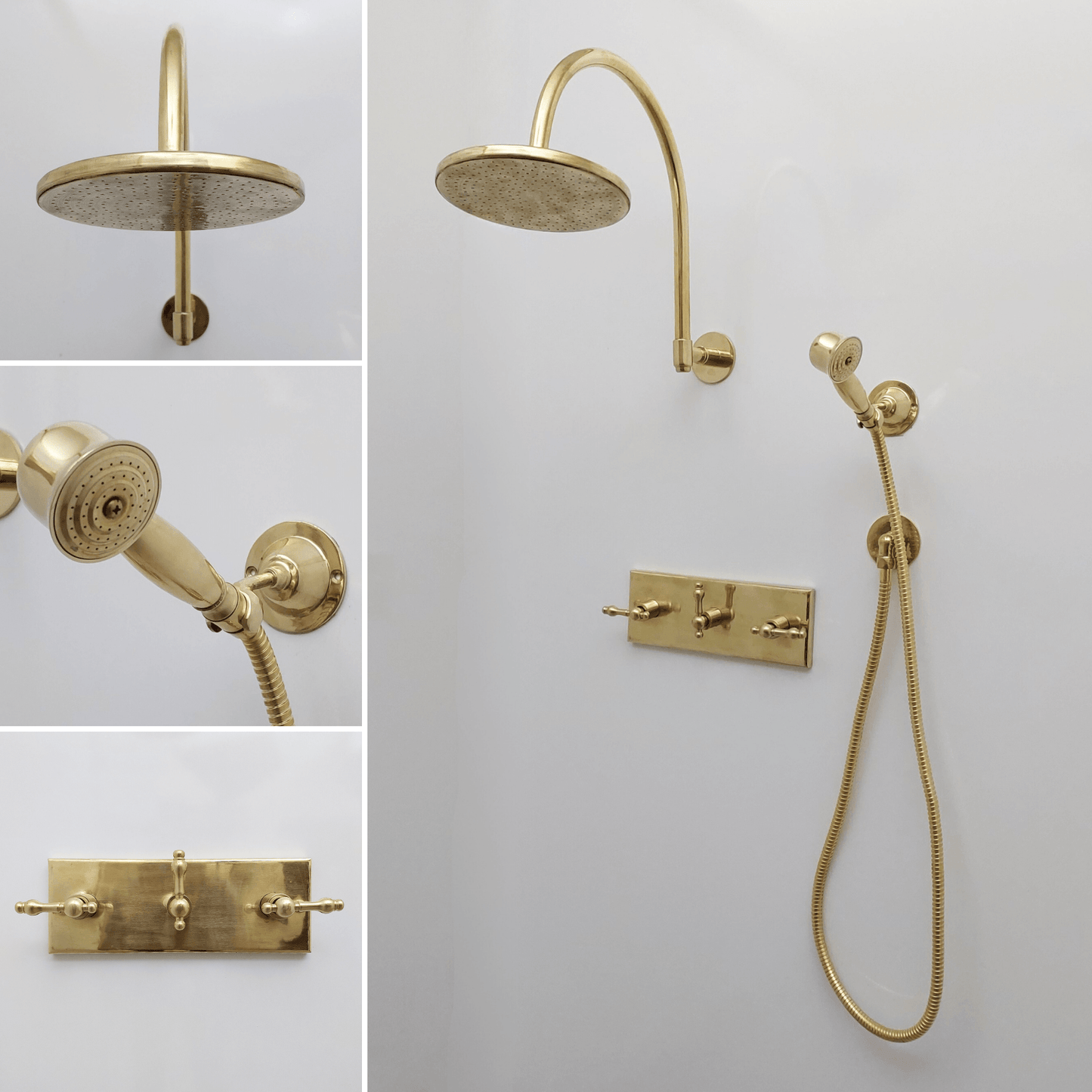 Unlacquered Brass Shower System with Central Brass Plaque and Lever Handles, Bridge Arm Flat Round Rain Shower Head - Ref: SSPH-FUBL