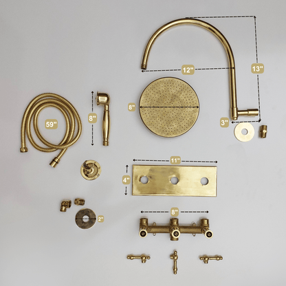 Unlacquered Brass Shower System with Central Brass Plaque and Lever Handles, Bridge Arm Flat Round Rain Shower Head - Ref: SSPH-FUBL