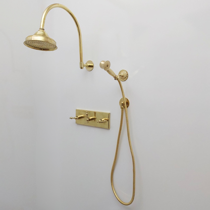 Unlacquered Brass Shower System with Central Brass Plaque and Lever Handles, Bridge Arm Round Rain Shower Head - Ref: SSPH-UBL