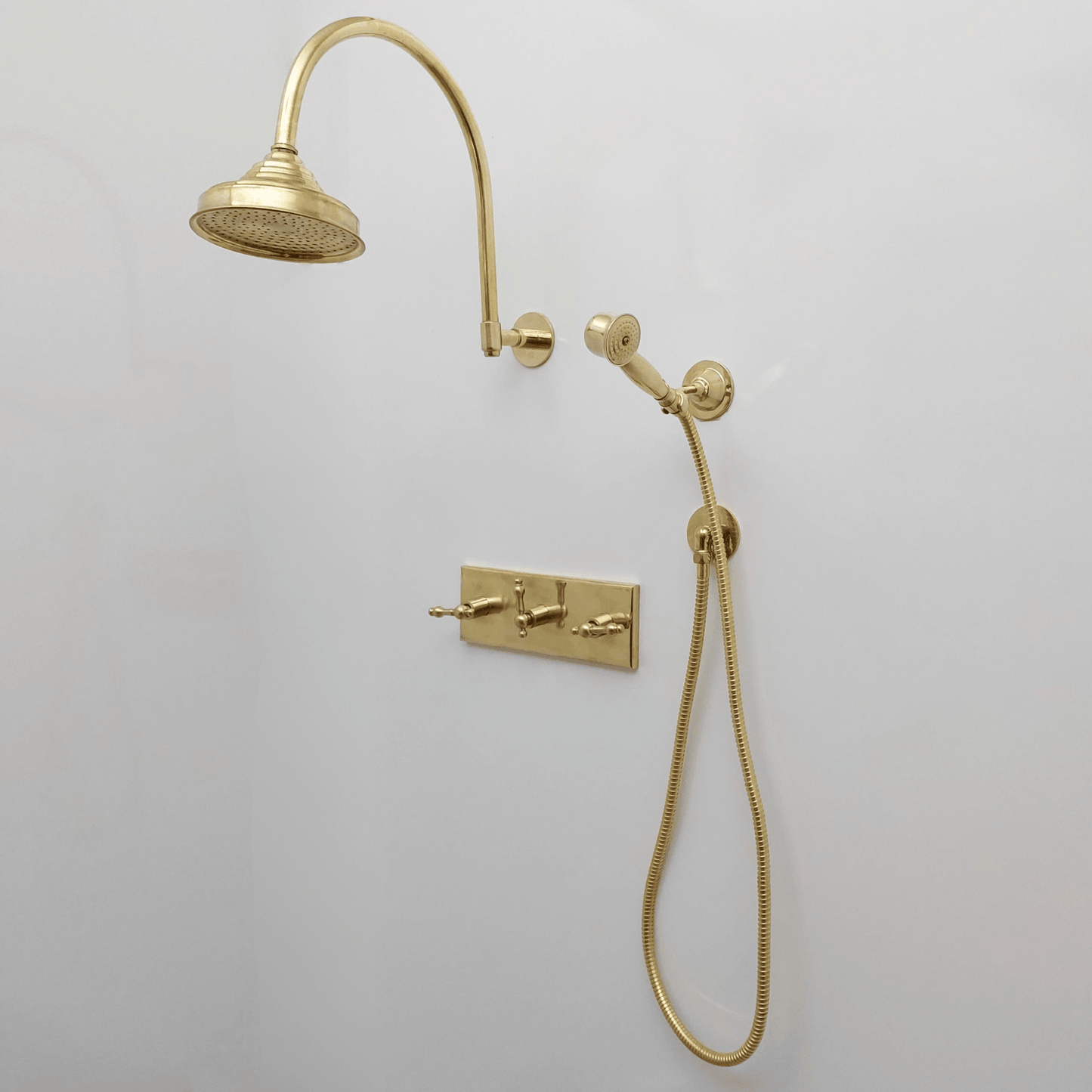 Unlacquered Brass Shower System with Central Brass Plaque and Lever Handles, Bridge Arm Round Rain Shower Head - Ref: SSPH-UBL