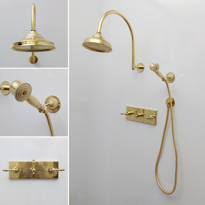 Unlacquered Brass Shower System with Central Brass Plaque and Lever Handles, Bridge Arm Round Rain Shower Head - Ref: SSPH-UBL