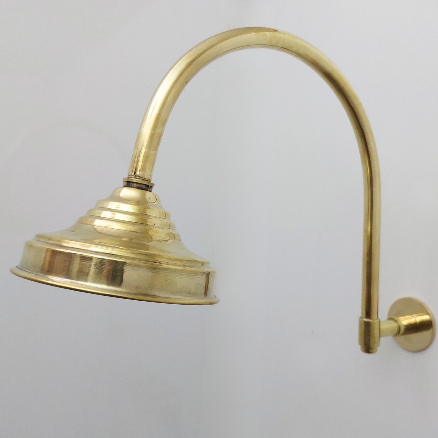 Unlacquered Brass Shower System with Central Brass Plaque and Lever Handles, Bridge Arm Round Rain Shower Head - Ref: SSPH-UBL