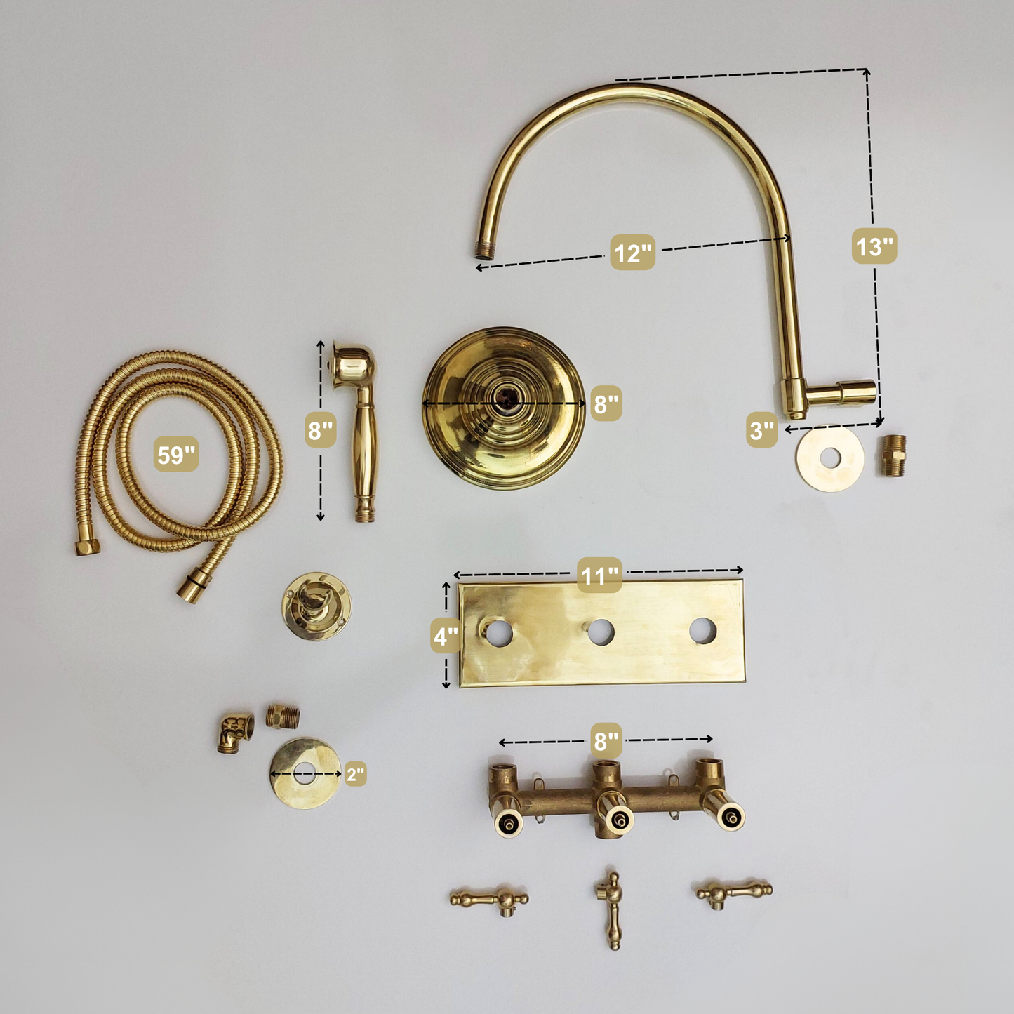 Unlacquered Brass Shower System with Central Brass Plaque and Lever Handles, Bridge Arm Round Rain Shower Head - Ref: SSPH-UBL