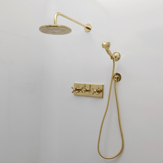 Unlacquered Brass Shower System with Flat Round Rain Shower Head, Central Brass Plaque and Cross Handles - Ref: SSPH2-FUBC