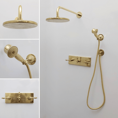 Unlacquered Brass Shower System with Flat Round Rain Shower Head, Central Brass Plaque and Lever Handles - Ref: SSPH2-FUBL