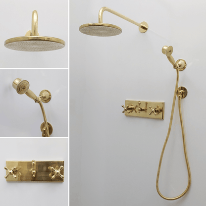 Unlacquered Brass Shower System with Flat Round Rain Shower Head, Central Brass Plaque and Cross Handles - Ref: SSPH2-FUBC