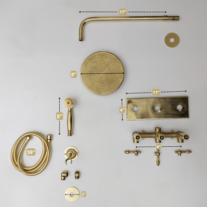 Unlacquered Brass Shower System with Flat Round Rain Shower Head, Central Brass Plaque and Lever Handles - Ref: SSPH2-FUBL