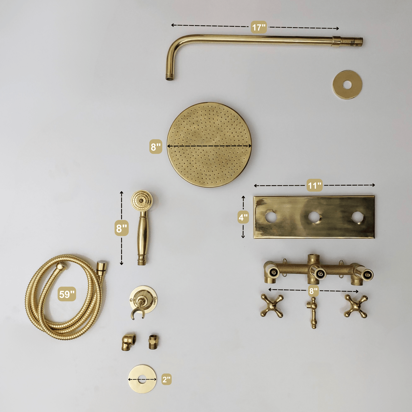 Unlacquered Brass Shower System with Flat Round Rain Shower Head, Central Brass Plaque and Cross Handles - Ref: SSPH2-FUBC