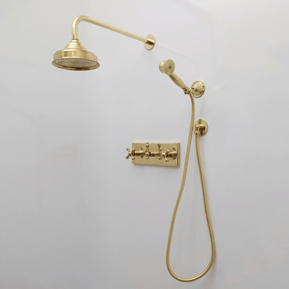 Unlacquered Brass Shower System with Round Rain Shower Head, Central Brass Plaque and Cross Handles - Ref: SSPH2-UBC