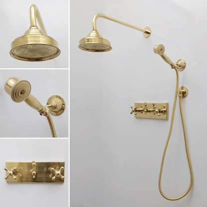 Unlacquered Brass Shower System with Round Rain Shower Head, Central Brass Plaque and Cross Handles - Ref: SSPH2-UBC