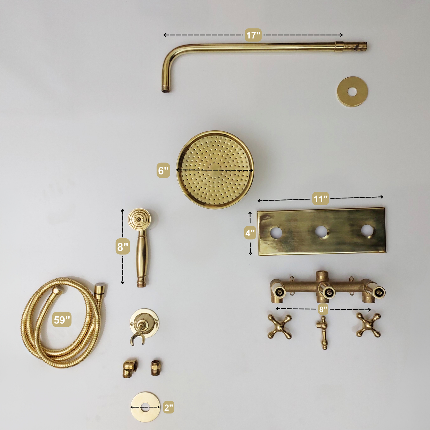 Unlacquered Brass Shower System with Round Rain Shower Head, Central Brass Plaque and Cross Handles - Ref: SSPH2-UBC