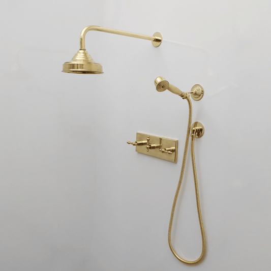 Unlacquered Brass Shower System with Round Rain Shower Head, Central Brass Plaque and Lever Handles - Ref: SSPH2-UBL