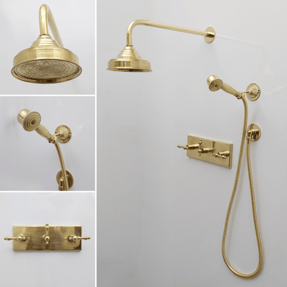 Unlacquered Brass Shower System with Round Rain Shower Head, Central Brass Plaque and Lever Handles - Ref: SSPH2-UBL