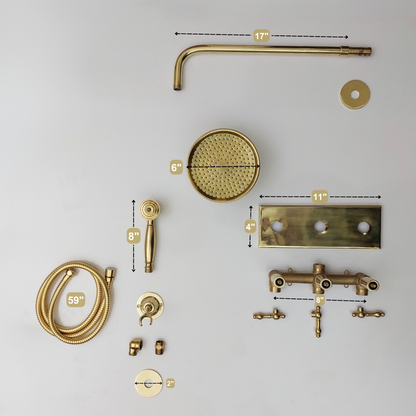 Unlacquered Brass Shower System with Round Rain Shower Head, Central Brass Plaque and Lever Handles - Ref: SSPH2-UBL