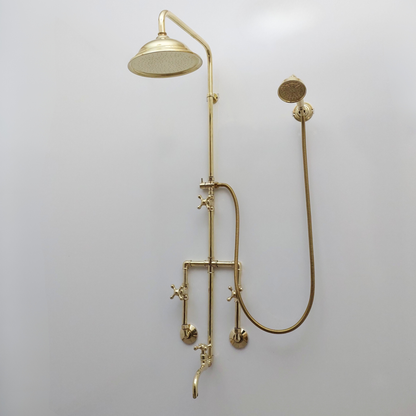 Unlacquered Brass Shower System with Round Rain Shower Head, Handheld Shower Head, Tub Filler, and Cross Handles - Ref: SS2H8TFC